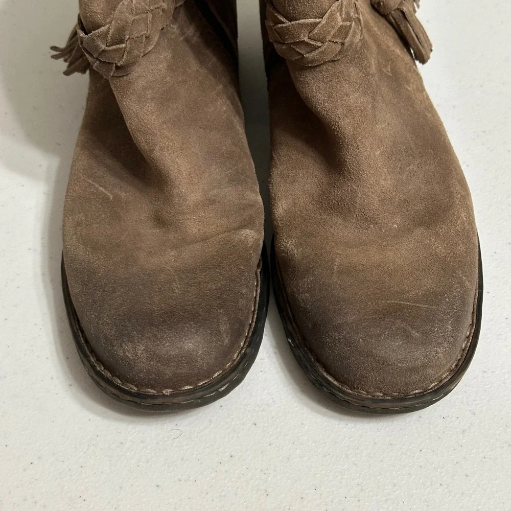 BORN Leather Suede Ankle Boots Brown Braided Tassel Buckle Side‎ Zip Women 7.5M